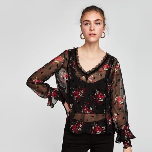Zara SEMI-SHEER TOP WITH RUFFLE TRIMS - Picture 2 of 5